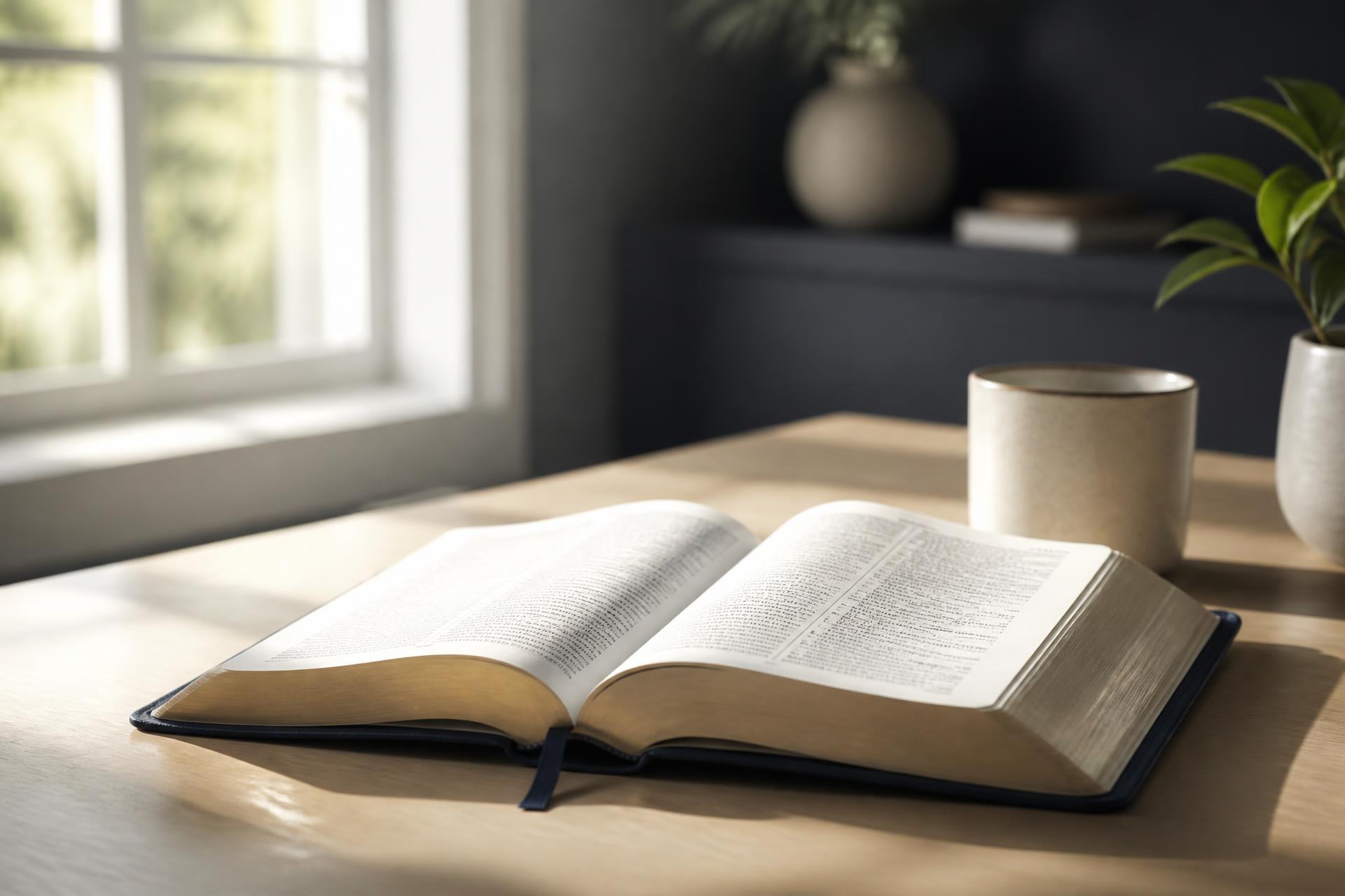 An open Bible resting on a table in soft morning light