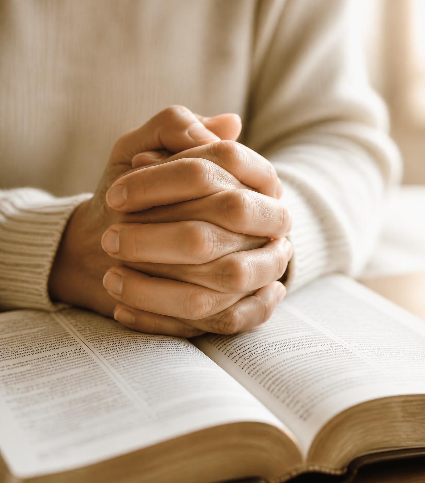 Hands folded in prayer resting on an open Bible