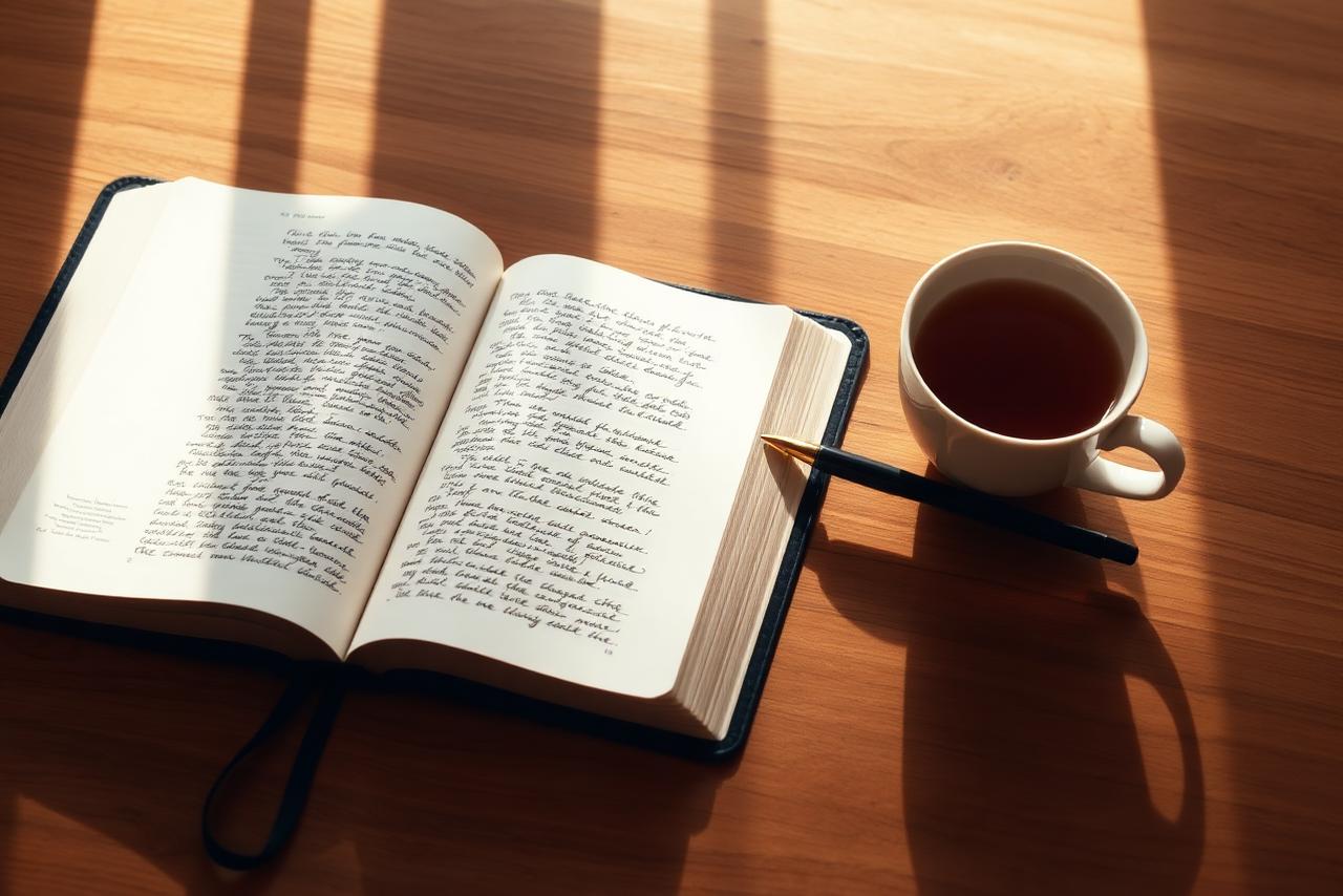An open study Bible with handwritten notes and a cup of tea