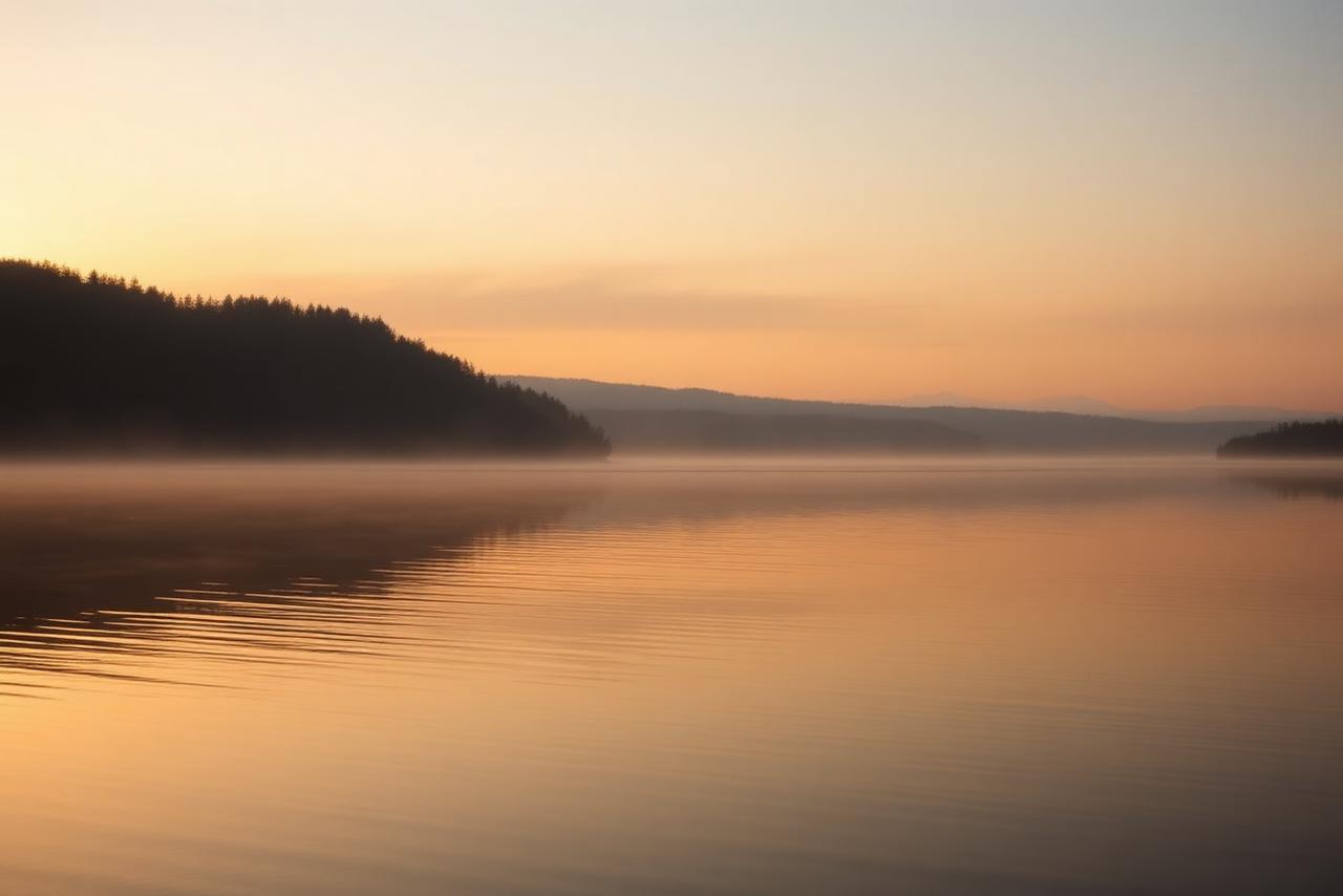 Golden sunrise over a calm, misty lake