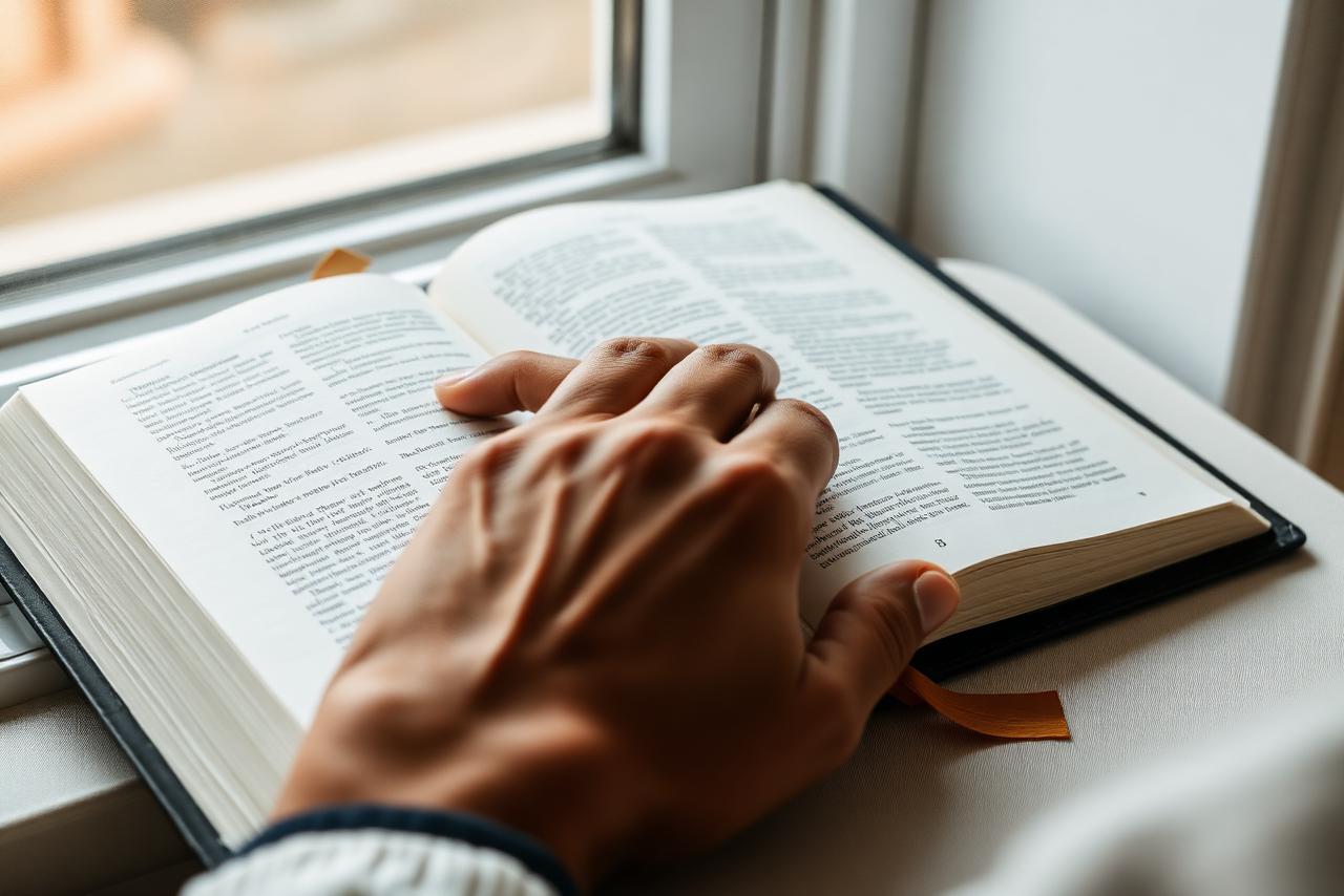 Hands resting on an open Bible in quiet prayer by a window